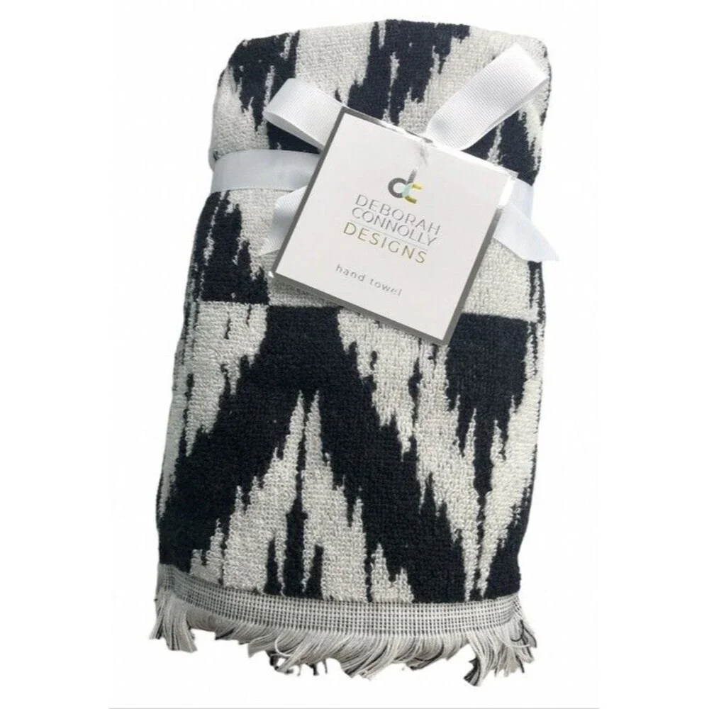 Deborah Connolly Hand Towels Bathroom Light Gray Black Fringe Abstract Set of 2